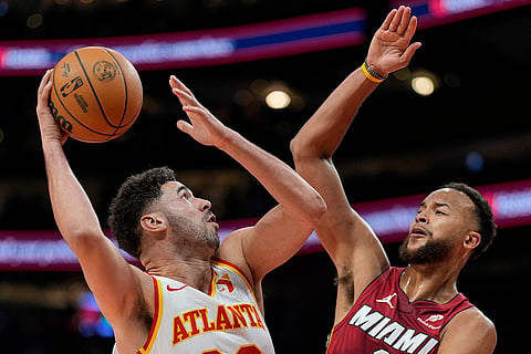 NBA 2024-25: Hawks forward Georges Niang (20) shoots against Miami Heat