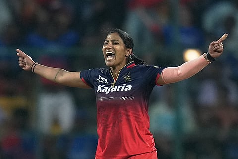 WPL 2025, RCB vs UPW: Royal Challengers Bengaluru's (RCB) Sneh Rana celebrates a wicket