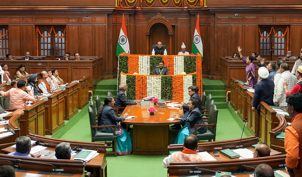 Leader of Opposition and AAP MLA Atishi and other party MLAs protest during the first day of the Delhi Legislative Assembly session, in New Delhi, Monday, Feb. 24, 2025. - PTI