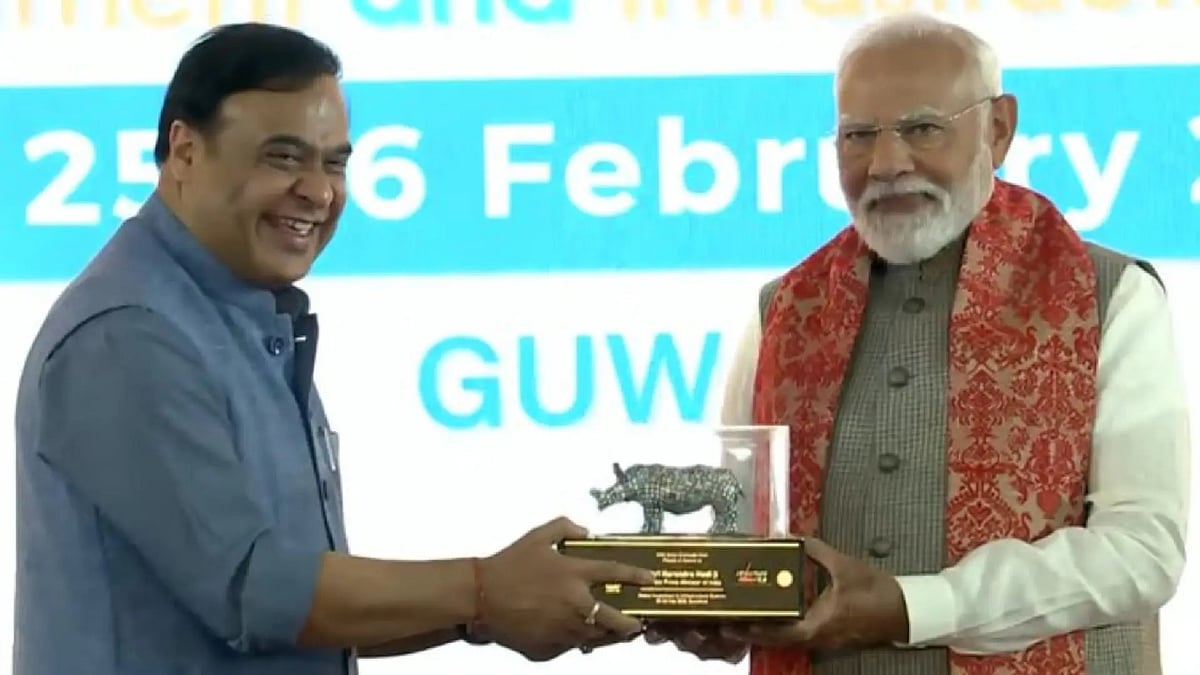 Assam CM Gifts PM Modi A Unique Rhino Sculpture Made Of Semiconductor Chips