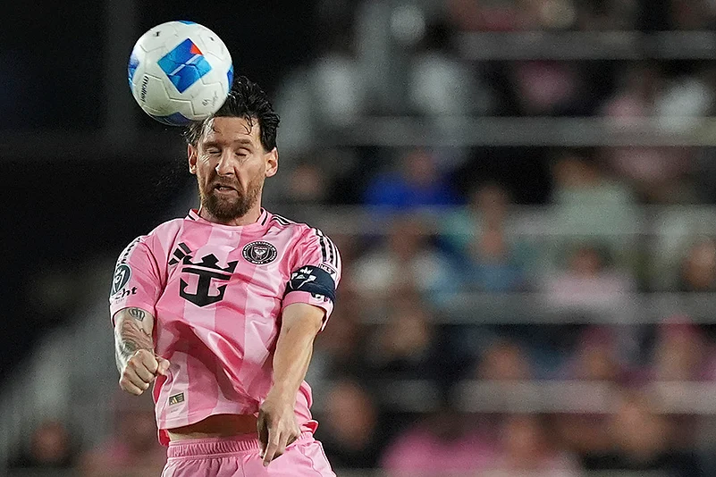 Inter Miami forward Lionel Messi heads the ball