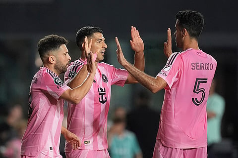 CONCACAF Champions Cup: Inter Miami forward Luis Suarez celebrates his side's third goal