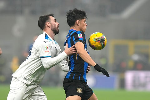 Coppa Italia, Inter vs Lazio: Inter Milan's Joaquin Correa challenges for the ball with Lazio's Mario Gila 