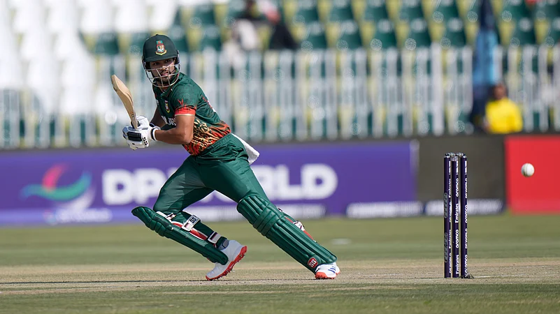 Bangladeshs Najmul Hossain Shanto plays a shot. AP Photo