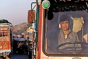 Speeding Ahead: Screenshot from Sherna Dastur’s documentary Manjuben, Truck Driver
