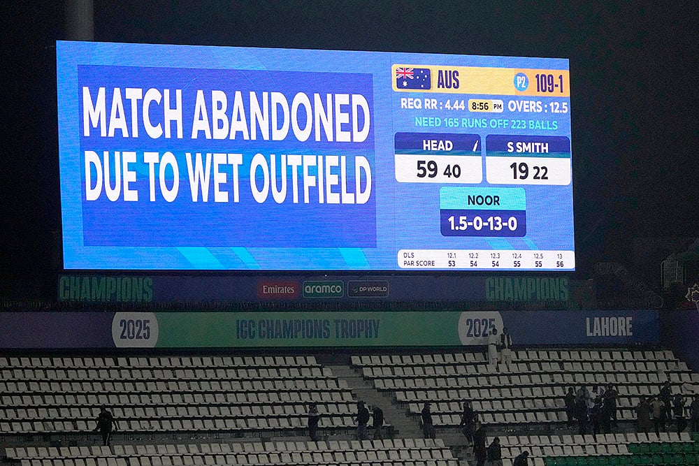 | Photo: AP/K.M. Chaudary : ICC Champions Trophy, AFG vs AUS: Match abandoned due to wet outfield massage display on big screen