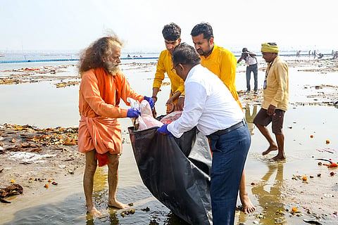 Maha Kumbh 2025: Swami Chitanand Saraswati during a cleaning drive