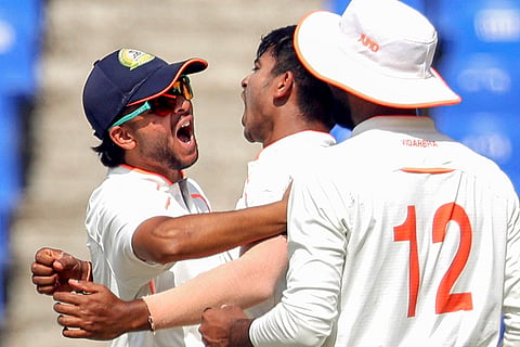 Ranji Trophy final, Kerala v Vidarbha Day 3: Vidarbha's Harsh Dubey celebrates with teammates