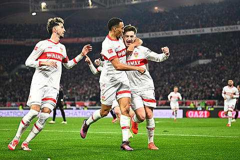 Bundesliga soccer 2024-25: Stuttgart's Angelo Stiller, right, celebrates scoring a goal