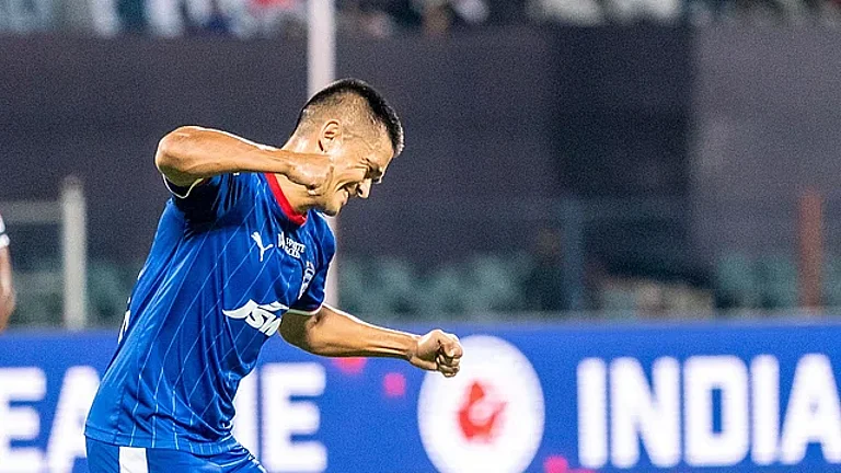 File photo of Bengaluru FC's Sunil Chhetri celebrating a goal in the Indian Super League. - Photo: ISL