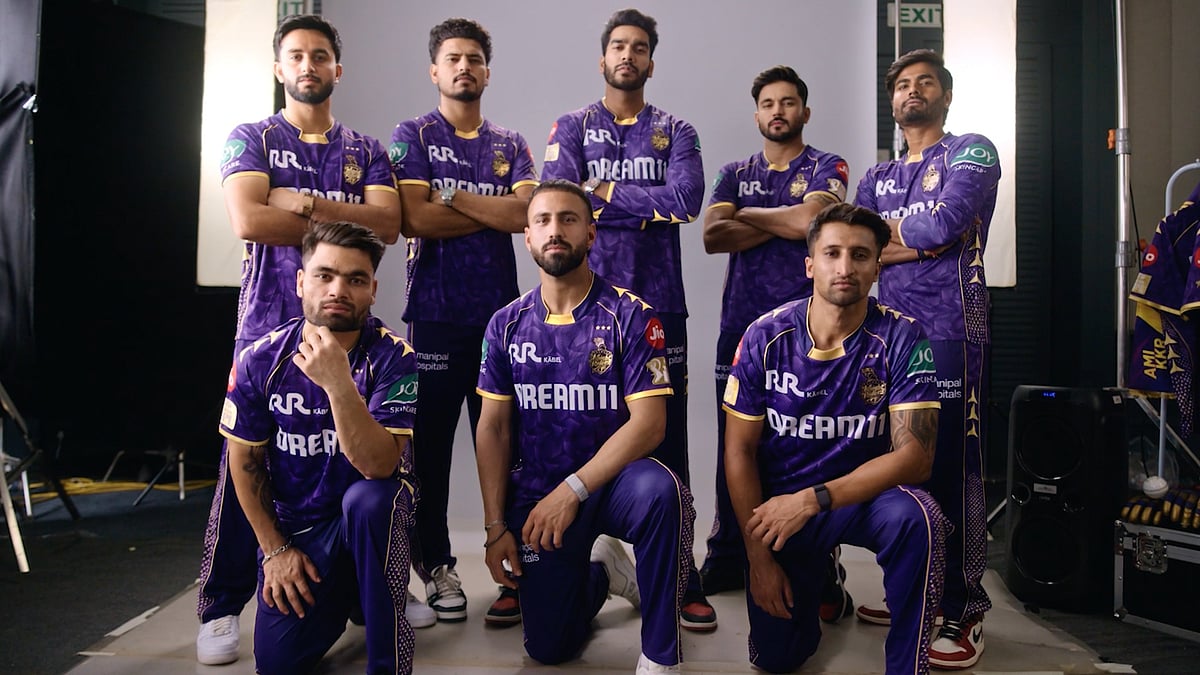 Kolkata Knight Riders players showcasing the new jersey for the 18th season of the Indian Premier League.  - KKR