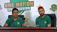 X/Pakistan Cricket : Pakistan interim head coach Aqib Javed (left) and newly appointed T20I captain Salman Ali Agha's press conference at the Gaddafi Stadium.