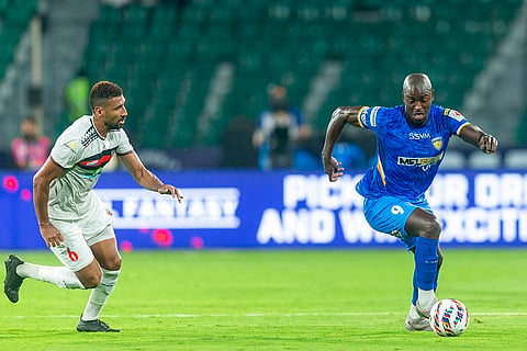 ISL 2024-25, NEUFC vs CFC: Mohammed Ali Bemammer (6) of NEUFC and Wilmar Jordan Gil (9) of CFC in action 