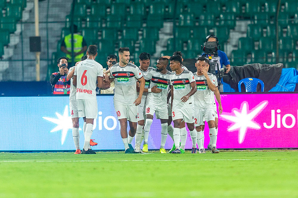 ISL 2024-25, NEUFC vs CFC: NorthEast United players celebrate a goal - | Photo: FSDL/ISL