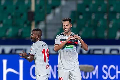 ISL 2024-25, NEUFC vs CFC: Nestor Albiach Roger of NorthEast United celebrates his 7th-minute goal