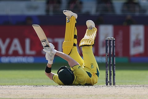 CT 2025 IND vs AUS semifinal: Australia's captain Steve Smith falls while playing a shot 