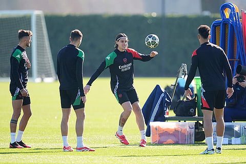 Champions League Round Of 16: Arsenal's Riccardo Calafiori practices with teammates