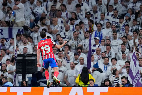 UCL 2024-25 Round Of 16 First leg, RMA vs ATM: Julian Alvarez celebrates after scoring his side's opening goal