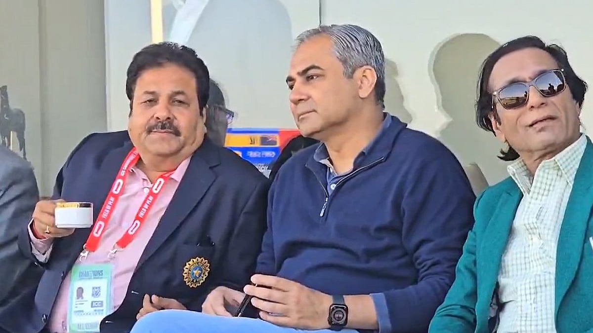 | Photo: X/Johns : File photo of BCCI Vice-President Rajeev Shukla with PCB Chairman Mohsin Naqvi in Lahore.