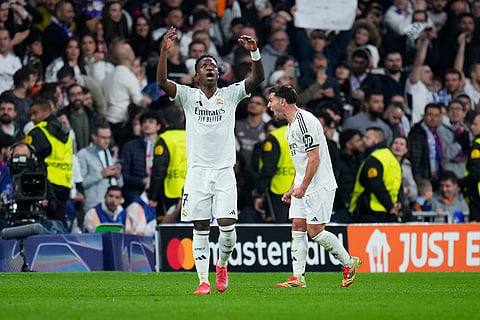 UCL 2024-25 Round Of 16 First leg, RMA vs ATM: Brahim Diaz, right, celebrates after scoring his side's second goal
