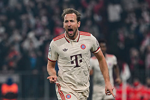 UCL round of 16 first leg, FCB vs Bayer 04: Munich's Harry Kane celebrates after scoring the opening goal 