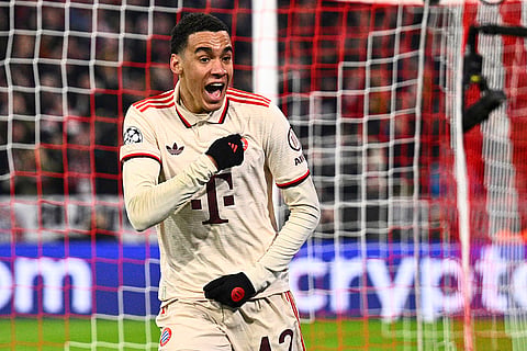 UCL round of 16 first leg, FCB vs Bayer 04: Munich's Jamal Musiala celebrates after scoring a goal