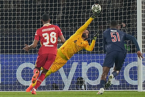 UCL round of 16 first leg, PSG vs LFC: Liverpool's goalkeeper Alisson makes a save 