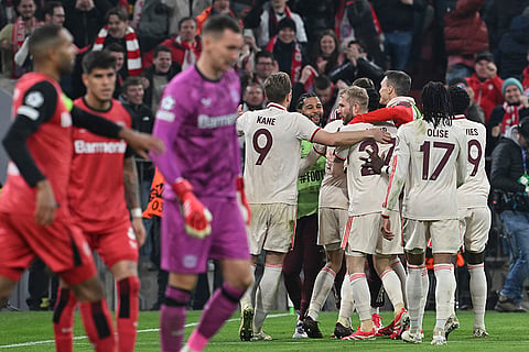 UCL round of 16 first leg, FCB vs Bayer 04: Munich players celebrate their side's second goal