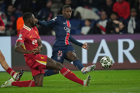UCL round of 16 first leg, PSG vs LFC: PSG's Nuno Mendes shoots 