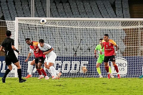 2024–25 AFC Challenge League, East Bengal vs Arkadag: Players of East Bengal and FC Arkadag vie for the ball