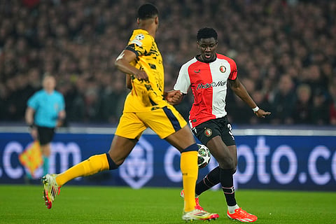 UCL round of 16 first leg, FEY vs Inter: Inter Milan's Denzel Dumfries guards Feyenoord's Ibrahim Osman