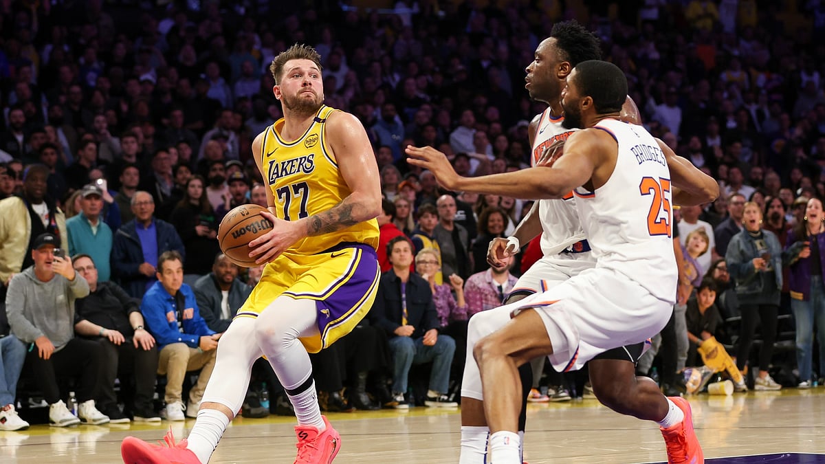 Luka Doncic #77 of the Los Angeles Lakers handles the ball against in the second half at Crypto.com Arena on March 06, 2025 in Los Angeles, California.