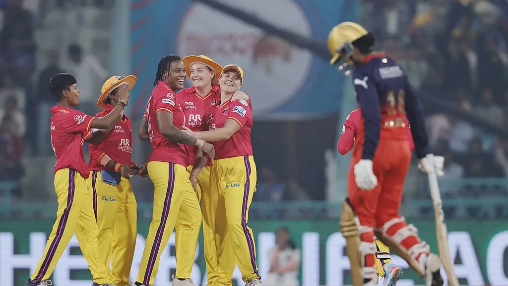 BCCI  : UP Warriorz celebrate their victory over ROyal Challengers Benagluru in match 18 of the Women's Premier League 2025. 