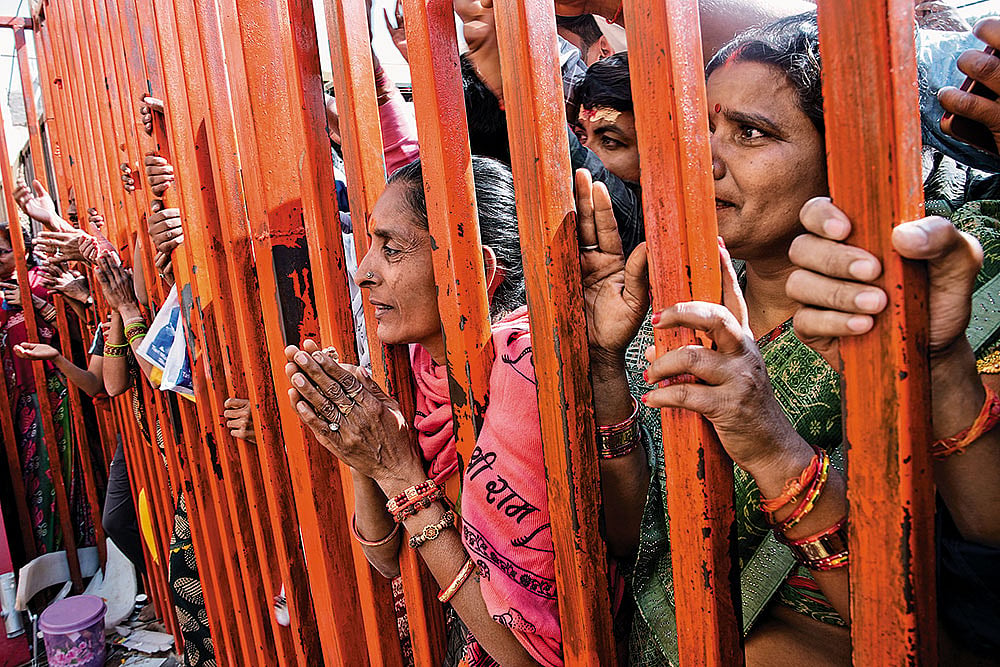 Devotees outside the ‘darbar’ venue at Gadha village in Madhya Pradesh