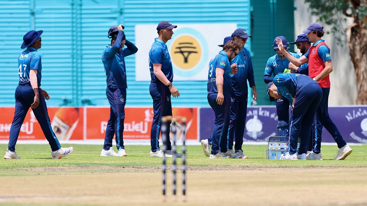 The Namibia cricket team in action against Netherlands.