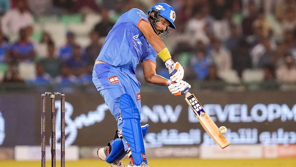Special Arrangement : Yuvraj Singh plays a shot during the India Masters vs West Indies Masters game in Raipur.