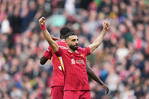 EPL 2024-25, Liverpool vs Southampton: Liverpool's Mohamed Salah celebrates after scoring his side's third goal
