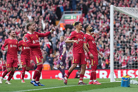 EPL 2024-25, Liverpool vs Southampton: Liverpool's Mohamed Salah celebrates after scoring his side's second goal