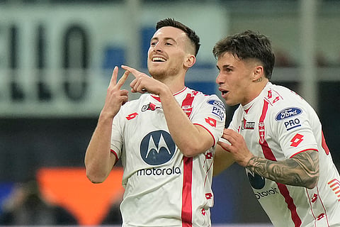 Serie A, Inter Milan vs Monza: Monza's Samuele Birindelli, left, celebrates with Stefano Sensi after scoring a goal