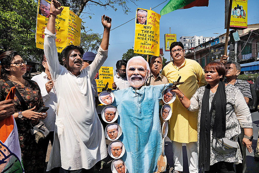 Photo: AP : Anti-imperialist Stance: Congress Party workers in Kolkata reacting to the allegation that USAID, an American agency, allotted $21 million to fund ‘voter turnout’ in India. It turned out that the fund was likely approved for Bangladesh, not India