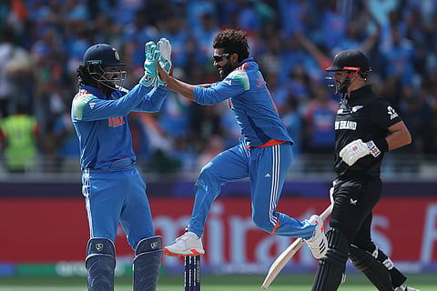 CT 2025, IND vs NZ final:  India's Ravindra Jadeja celebrates after the dismissal of New Zealand's Tom Latham