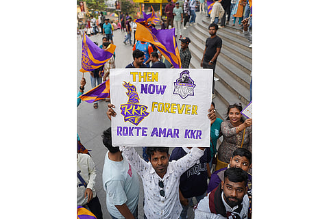 Kolkata Knight Riders supporters at the Indian Premier League trophy in Durgapur
