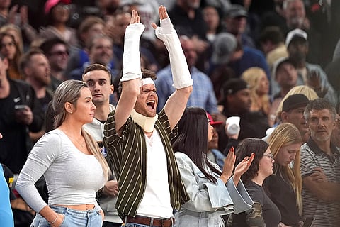Kings vs Clippers NBA Basketball: Actor Jack Quaid gestures