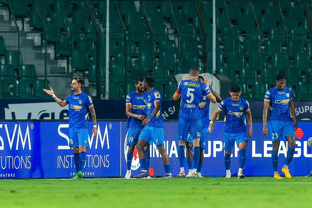 | Photo: FSDL/ISL : ISL 2024-25, CFC vs JFC: Chennaiyin FC players celebrate a goal