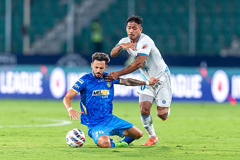 ISL 2024-25, CFC vs JFC: Lukas Pivetta Brambilla (70) and Sourav Das (20) in action 