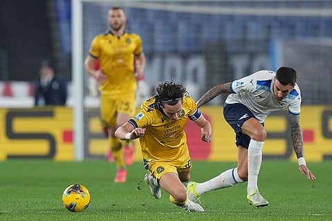 Serie A 2024-25, Lazio vs Udinese: Florian Thauvin and Matias Vecino challenge for the ball 