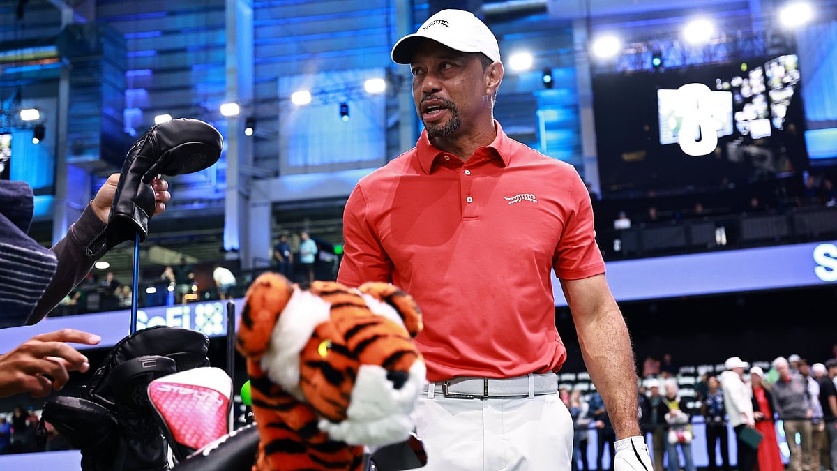Tiger Woods of Jupiter Links Golf Club warms up before their TGL presented by SoFi match against the Atlanta Drive GC at SoFi Center on March 04, 2025 in Palm Beach Gardens, Florida. - null