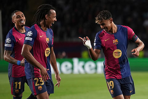 UCL 2024-25, FCB Vs Benfica: Barcelona's Lamine Yamal celebrates after scoring his side's second goal