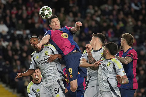 UCL 2024-25, FCB Vs Benfica: Barcelona's Robert Lewandowski heads the ball 