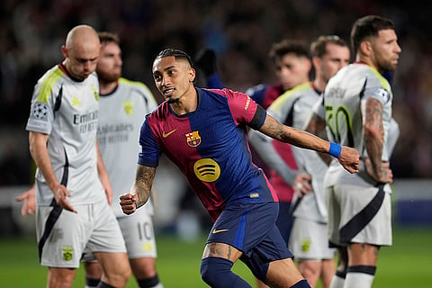 UCL 2024-25, FCB Vs Benfica: Barcelona's Raphinha celebrates after scoring his side's third goal